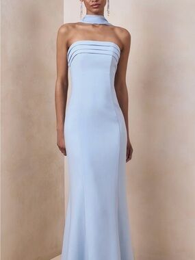 Club London Strapless Maxi Gown with Neck Scarf in Light Blue